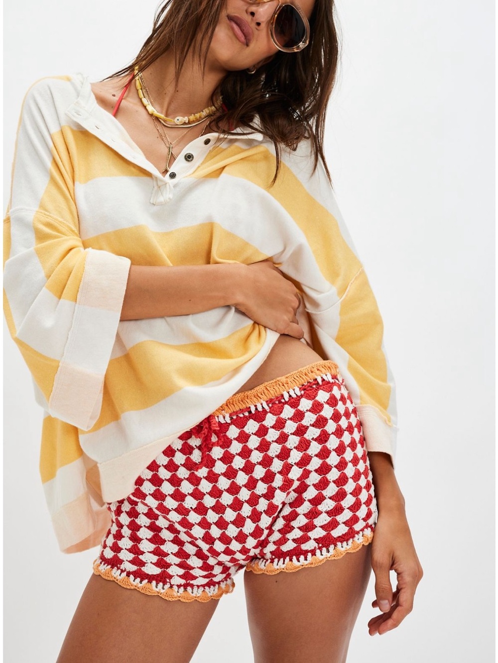 Free People Crochet Checkerboard Shorts - Red & White with Peach Trim
